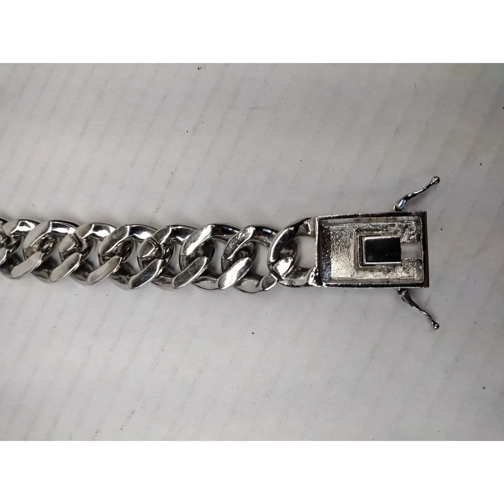 Miami Cuban Link Bracelet Silver Tone Solid Heavy Full Of Rhinestones Hip Hop
